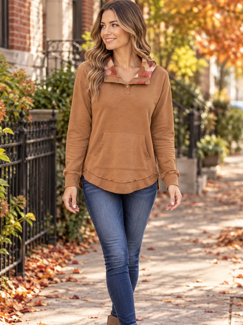 Maurices Small Brown Plaid Hood Snap Neck Pullover Sweatshirt